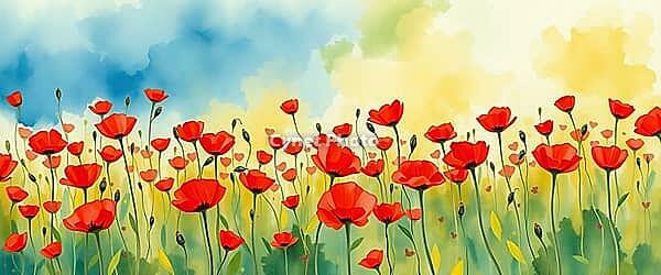 Strong red poppies under a blue and yellow sky, romantic watercolor illustration, flower meadow at sunset or sunrise, with open text as background, AI generated [IBR124550815]