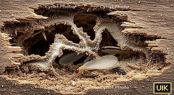 Close-up of termites in a decayed section of wood with tunneling patterns, construction materials failure concept, AI generated [IBR124550816]