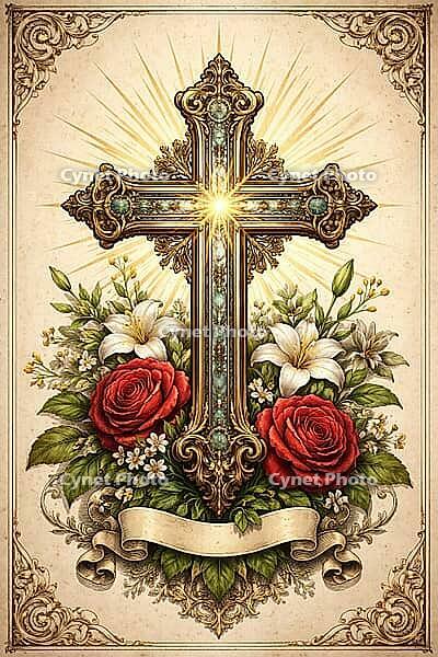 Decorated cross with flowers and yellow sunrays in the frame, Christian symbol for cards, for religious festivals, such as baptism, communion, confirmation, Easter, confirmation or for mourning cards, AI generated [IBR124550817]