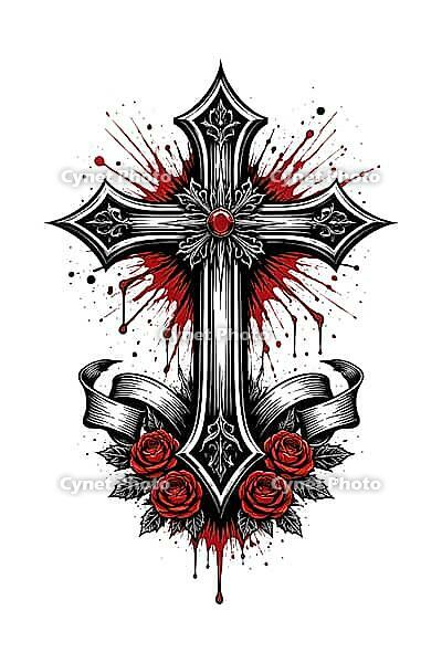 Gloomy cross with red roses and dramatically speckled background, Christian symbol for cards, for religious festivals, such as baptism, communion, confirmation, Easter, confirmation or for mourning cards, AI generated [IBR124550819]