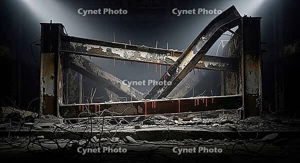 Dark abandoned space with decayed metal beams, construction materials failure concept, AI generated [IBR124550820]
