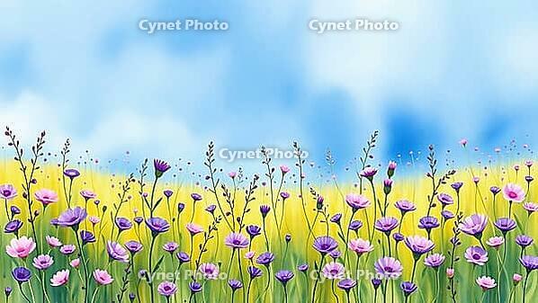 Purple and pink flowers against a pastel blue sky, romantic watercolor illustration, flower meadow at sunset or sunrise, with open text as background, AI generated [IBR124550821]