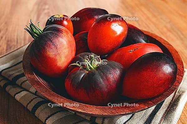 Freshly picked tomatoes, of the Black Beauty variety, in a wooden bowl, close-up, on the kitchen table [IBR124552170]