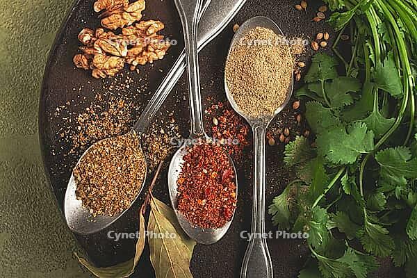 Georgian spices in spoons, on ketsi, top view, no people [IBR124552177]