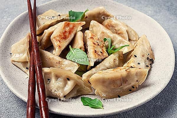 Japanese fried dumplings, gyoza, sesame seeds, top view, no people [IBR124552200]
