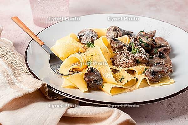 Delicious pappardelle pasta with mushrooms and cream served on a white plate [IBR124552209]