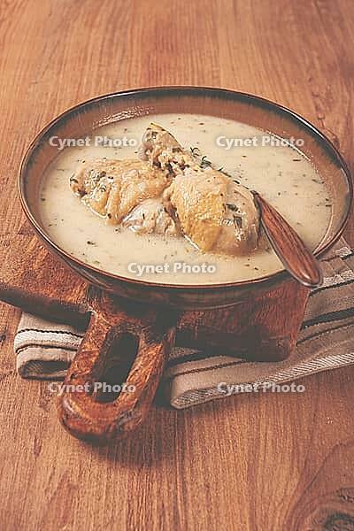 Chikhirtma chicken soup, Georgian dish, with lavash, top view, no people [IBR124552210]