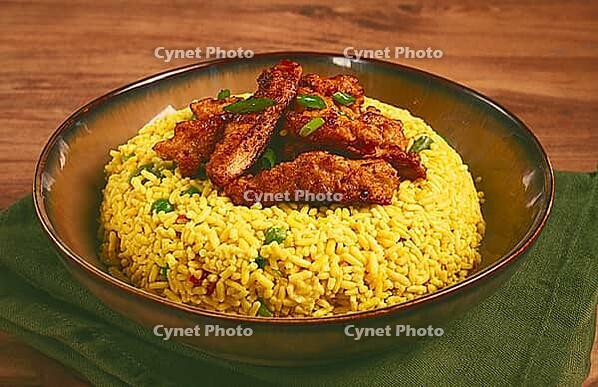 Crispy chicken fillet in soy sauce, with fried rice, homemade, no people [IBR124552215]