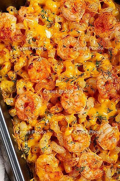 Pasta with shrimp and cheese, with a golden crust, cooked in a baking dish, homemade, no people [IBR124552224]