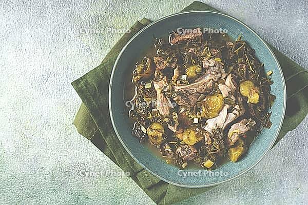 Chakapuli, Georgian dish, stewed meat with herbs and tkemali, in white wine, homemade, no people [IBR124552249]