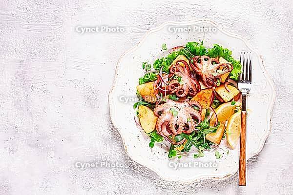 Grilled octopus with baked potatoes and fresh herbs, on a decorative light plate, homemade, no people [IBR124552262]