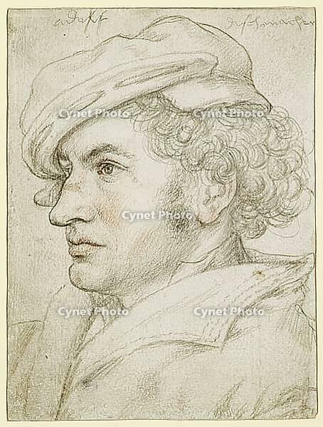 Portrait of Adolf Dischmacher (1512-15), detailed pencil and red chalk drawing of a man in profile with curly hair and a soft cap, authentic reproduction of a work of art, painting, drawing by Hans Holbein the Elder (born 1465 in Augsburg, died 1524 in Ba [IBR124563471]