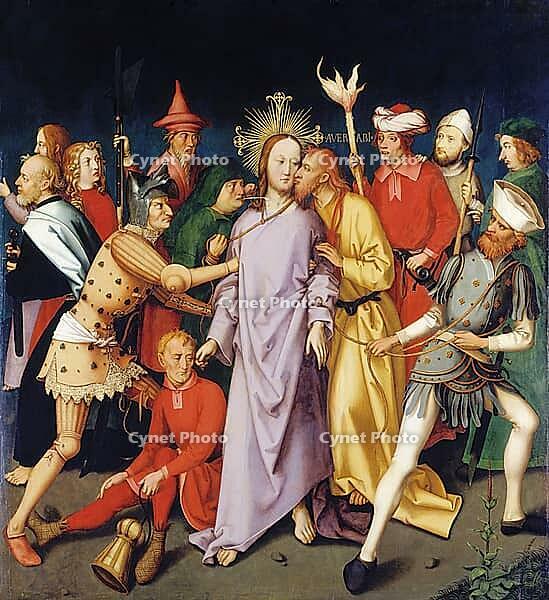 Picture shows the capture of Christ, an important event in Christianity, in which Judas Iscariot betrays Jesus Christ with a kiss to soldiers, authentic reproduction of a work of art, painting, drawing by Hans Holbein the Elder (born 1465 in Augsburg, die [IBR124563476]