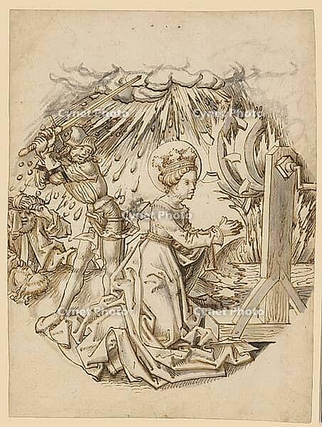 The Beheading of St Catherine, scene depicts the martyrdom of St Catherine kneeling in prayer while an executioner strikes a blow. The broken wheel can be seen in the background, a typical attribute of her legend, authentic reproduction of a work of art,  [IBR124563477]