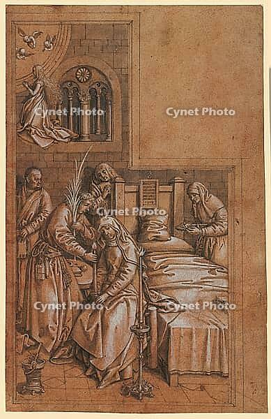 Picture shows a representation of the death of Mary, a drawing depicting a religious scene at the deathbed of the Virgin Mary, authentic reproduction of a work of art, painting, drawing by Hans Holbein the Elder (born 1465 in Augsburg, died 1524 in Basel  [IBR124563478]