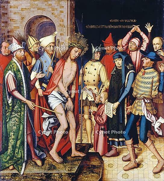 Ecce Homo scene from the Frankfurt Dominican altar, depiction shows Christ in front of Pilate and is often interpreted as part of an aggressive pictorial propaganda against the Jewish population in Frankfurt, authentic reproduction of a work of art, paint [IBR124563480]