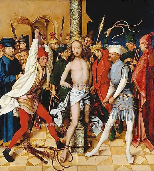 Painting depicting the scourging of Christ, a central motif of Christian iconography, showing a moment in the Passion of Jesus Christ, thematises the brutal flogging of Jesus while he is tied to a pillar, surrounded by tormentors and soldiers, authentic r [IBR124563482]