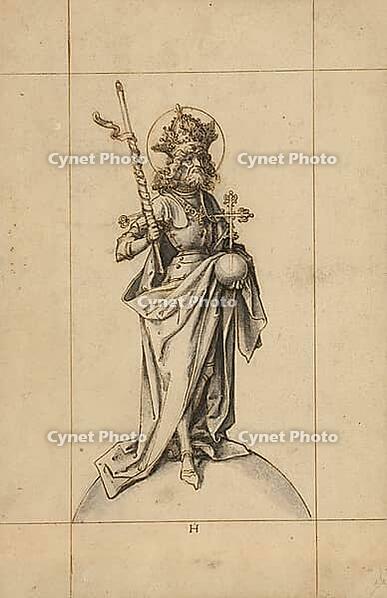 Emperor Henry II, also known as Henry the Saint, depicted in splendid armour, wearing a crown and holding an orb and a sceptre, authentic reproduction of a work of art, painting, drawing by Hans Holbein the Elder (born 1465 in Augsburg, died 1524 in Basel [IBR124563484]
