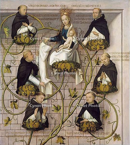Picture shows the upper part of the family tree of the Dominicans from the Frankfurt Dominican altar, depicting important figures of the Dominican order growing from a tree of life, with the Virgin Mary and the infant Jesus in the centre, authentic reprod [IBR124563487]