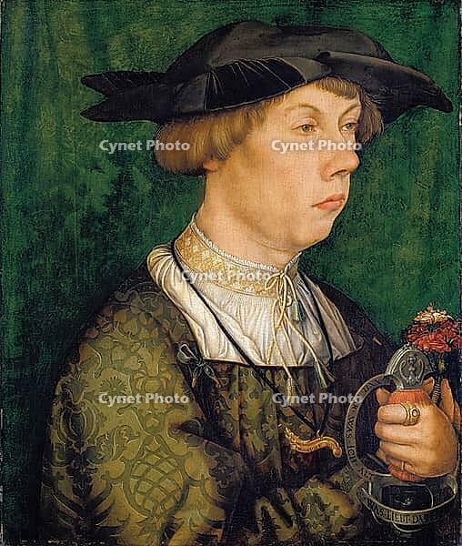 Portrait of a member of the Weiss family from Augsburg, the person depicted is 22 years old, which is emphasised by the inscription XXII IAR WAS ICH ALT on the sword handle. The ring on the index finger of the left hand shows the coat of arms of the Weiss [IBR124563488]