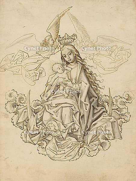 Picture shows Mary on the crescent moon, crowned by two angels, depicts the Virgin Mary surrounded and crowned by angels, symbolising her position as Queen of Heaven. The crescent moon beneath her feet is a traditional attribute often associated with the  [IBR124563489]
