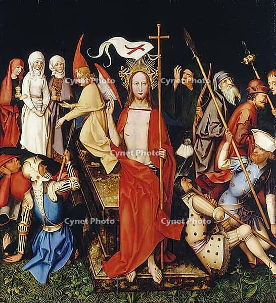 The Resurrection of Christ from the Frankfurt Dominican altar, picture shows Christ rising from his tomb with a victory banner and in a red robe. He is surrounded by terrified or sleeping grave guards, authentic reproduction of a work of art, painting, dr [IBR124563491]