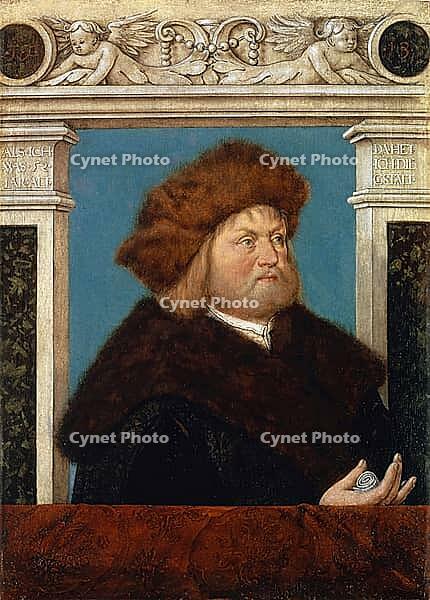 Portrait of Philipp Adler, (1461-1532), an influential Augsburg merchant. In the portrait he is depicted in wealthy clothing with a distinctive fur cap and a fur-trimmed bonnet, authentic reproduction of a work of art, painting, drawing by Hans Holbein th [IBR124563492]