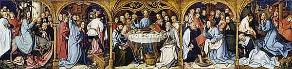 Predella, a flat, often painted or carved pedestal at the foot of a Christian altar retable, which stands on the altar table (mensa) . The predella of the Frankfurt Dominican altar is a central component of the high altar that Hans Holbein the Elder and h [IBR124563494]