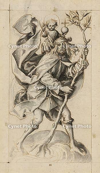 Picture shows St Christopher, the patron saint of travellers, carrying the infant Jesus on his shoulders across a river, authentic reproduction of a work of art, painting, drawing by Hans Holbein the Elder (born 1465 in Augsburg, died 1524 in Basel or Ise [IBR124563495]