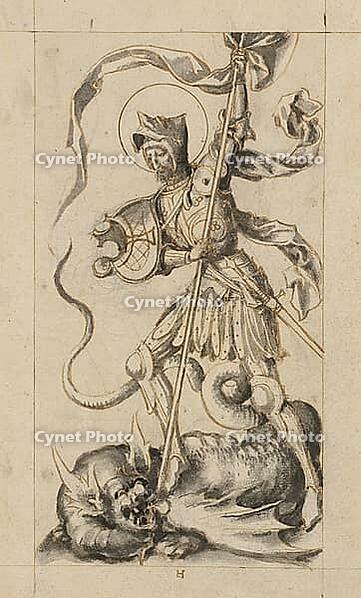 Picture shows St George fighting the dragon, a well-known scene of Christian iconography, authentic reproduction of a work of art, painting, drawing by Hans Holbein the Elder (born 1465 in Augsburg, died 1524 in Basel or Isenheim), German painter of the R [IBR124563496]