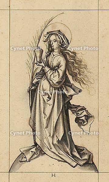 Picture showing St Mary Magdalene, German Renaissance depiction of Mary Magdalene with her typical attributes: the ointment jar in her hand and long, loose hair, authentic reproduction of a work of art, painting, drawing by Hans Holbein the Elder (born 14 [IBR124563497]