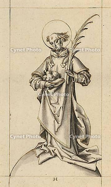 Picture shows St Stephen, the first Christian martyr, with typical attributes such as the martyr's palm and stones indicating his stoning, authentic reproduction of a work of art, painting, drawing by Hans Holbein the Elder (born 1465 in Augsburg, died 15 [IBR124563499]
