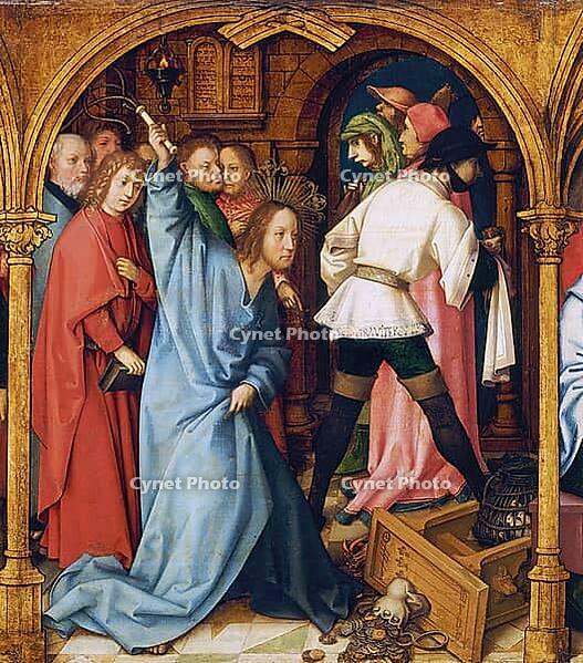 Picture shows the scene of the cleansing of the temple, in which Jesus Christ drives moneychangers out of the temple with a whip, authentic reproduction of a work of art, painting, drawing by Hans Holbein the Elder (born 1465 in Augsburg, died 1524 in Bas [IBR124563502]