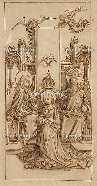 The coronation of the Virgin Mary by the Trinity. Mary kneels in the centre, while God the Father (right) and Jesus Christ (left) place the crown on her head together. Above her hovers the Holy Spirit in the form of a dove, authentic reproduction of a wor [IBR124563503]