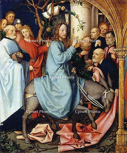 Picture shows the entry of Christ into Jerusalem, an important event in Christian iconography, the scene illustrates the biblical account in which Jesus enters Jerusalem on a donkey and is welcomed by the crowd, authentic reproduction of a work of art, pa [IBR124563505]