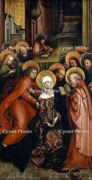 Picture shows the death of the Virgin, a painted wing of the Afra altar, the scene depicts the death of Mary surrounded by the apostles in a Gothic setting, authentic reproduction of a work of art, painting, drawing by Hans Holbein the Elder (born 1465 in [IBR124563506]