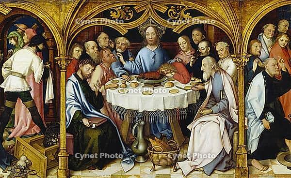 The Last Supper, created in 1501, is the central panel of the predella of the Frankfurt Dominican altar, painting shows Jesus Christ in the circle of his twelve apostles at their last meal together. Christ is seated in the centre, while the apostles are g [IBR124563507]
