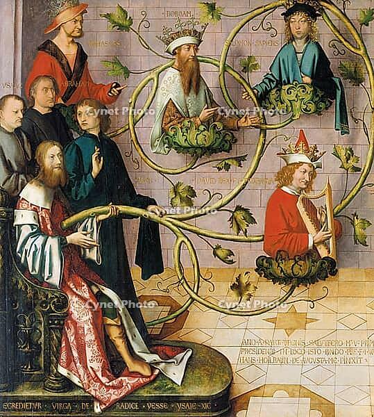 Picture shows the lower part of the Frankfurt Dominican altarpiece depicting the family tree of Christ, root of Jesse. The work shows the family tree of Christ in the form of a tendril emerging from the loin of the sleeping Jesse (bottom left on a throne) [IBR124563508]