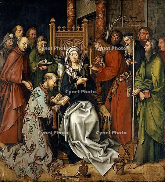 Death of Mary, also known as the Death of Mary, The Virgin Mary is attended to by the assembled apostles shortly in front of her death. The symbolic actions include the sprinkling of holy water by St Peter, the waving of a censer by St Andrew and the pass [IBR124563509]