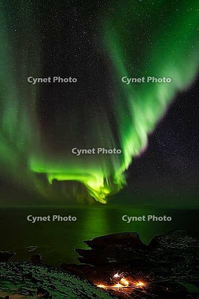 Northern Lights (Aurora borealis) over the Norwegian Sea, S$00F6r$00F6ya, Finnmark, Norway, December 2018 [IBR124563536]