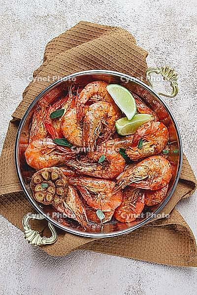 Fried tiger prawns, with spices, homemade, top view [IBR124585342]