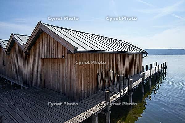 Fischerhütte und Boothütte, Starnberger See, Starnberg, lake, recreation area, swimming lake, shipping, Upper Bavaria, Bavaria, spring, April, lakeside promenade, leisure, Munich, Germany [IBR124585428]