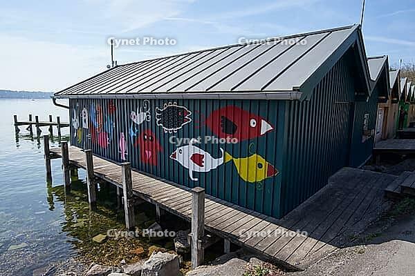 Fischerhütte und Boothütte, Starnberger See, Starnberg, lake, recreation area, swimming lake, shipping, Upper Bavaria, Bavaria, spring, April, lakeside promenade, leisure, Munich, Germany [IBR124585431]
