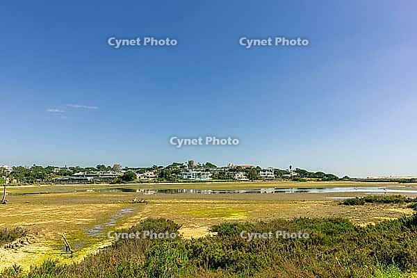 Scenic view of a tranquil coastal lagoon in Quinta do Lago, Algarve, Portugal, featuring shallow waters, natural vegetation, and wading birds under a clear blue sky [IBR124586604]