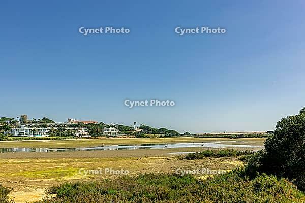 Scenic view of a tranquil coastal lagoon in Quinta do Lago, Algarve, Portugal, featuring shallow waters, natural vegetation, and wading birds under a clear blue sky [IBR124586633]