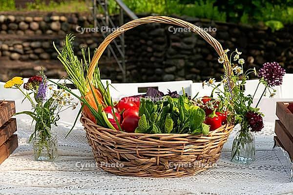 A wicker basket filled with a vibrant assortment of garden vegetables, including carrots and tomatoes, placed on a lace-covered table. surrounding are small vases with wildflowers, creating a rustic setting [IBR124626892]