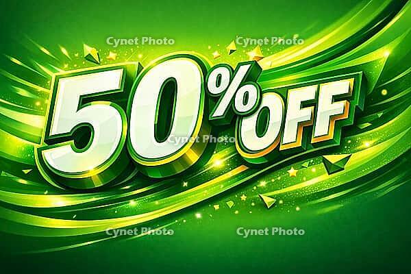 Green and energetic 50 percent discount font with dynamic background, illustration for discount campaigns summer sale or winter sale, AI generated [IBR124626929]