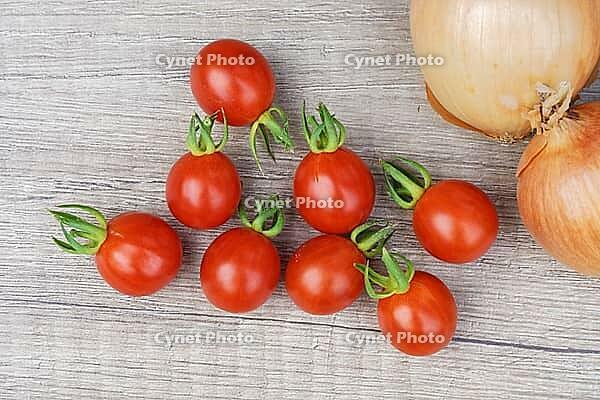 Onions (Allium cepa) with cocktail tomatoes (Solanum lycopersicum), Kempen, North Rhine-Westphalia, Germany [IBR124629109]