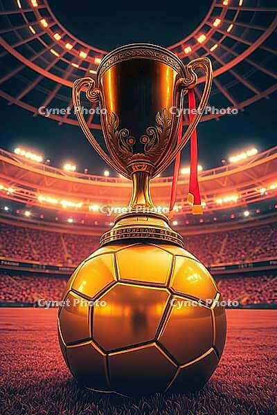 Golden soccer trophy inside a stadium, AI generated [IBR124629133]