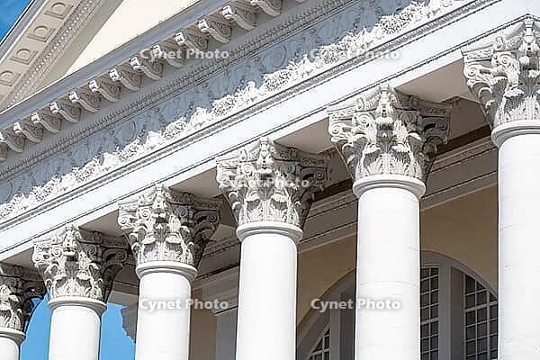 Detailed view of the Lutheran town church with magnificent fa$00E7ade and Corinthian columns in the style of a Greek temple, classicism, Karlsruhe, Baden-W$00FCrttemberg, Germany [IBR124629519]